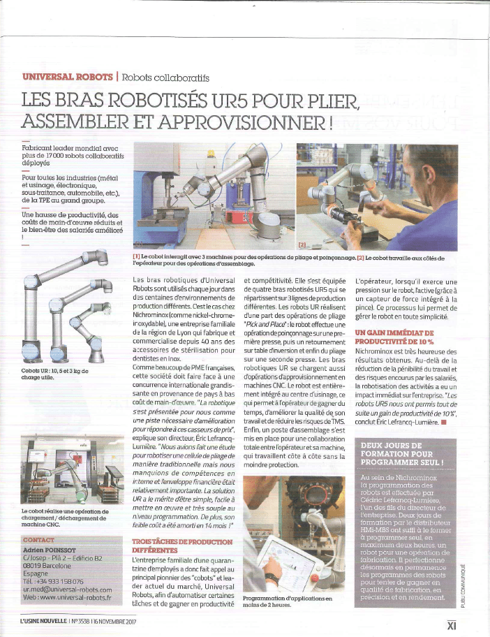 article usine nouvelle nichrominox universal robots hmi mbs bras robotisés assembler approvisionner